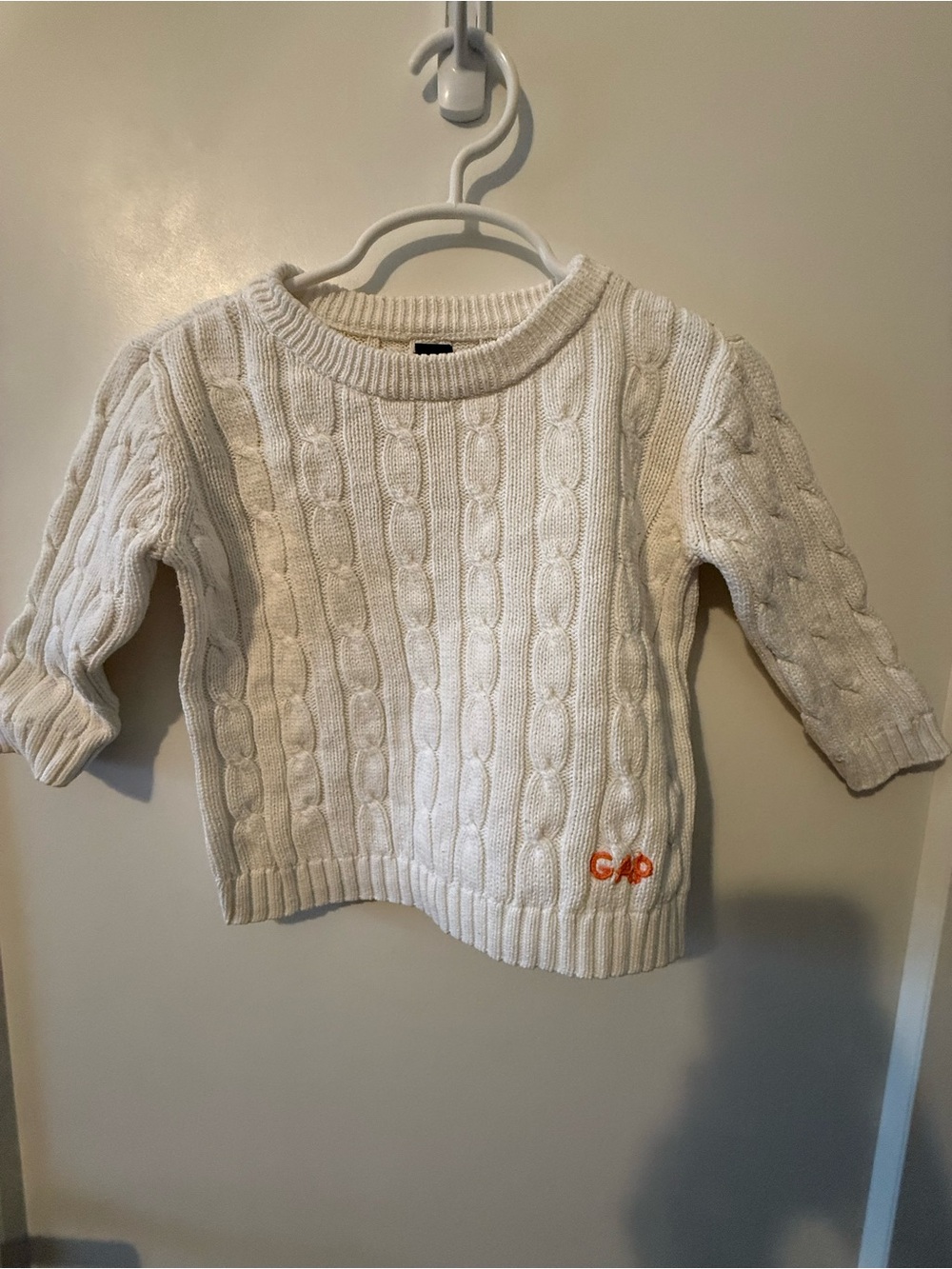 Baby GAP White Cable-Knit Crewneck Sweater with Orange Logo